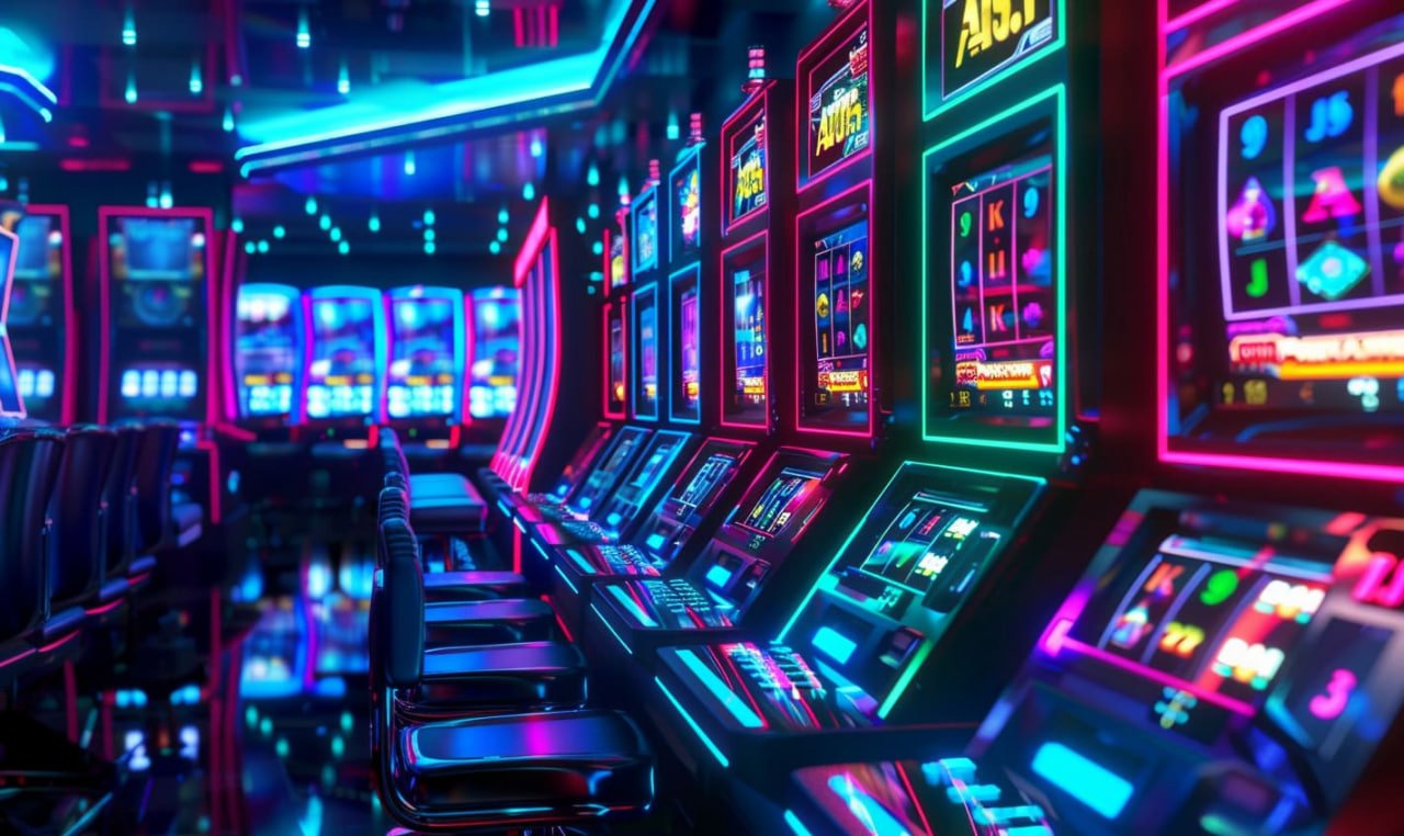 Ilustrasi permainan slot modern di naga5000 dengan tema gelap dan elemen neon